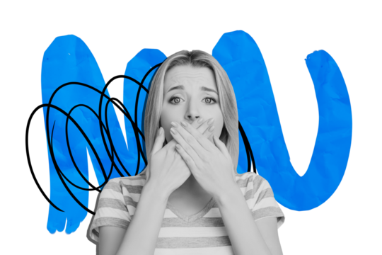 Composite trend artwork sketch image collage of young lady monochrome hand gesture cover mouth dont speak keep silence upset bully abuse