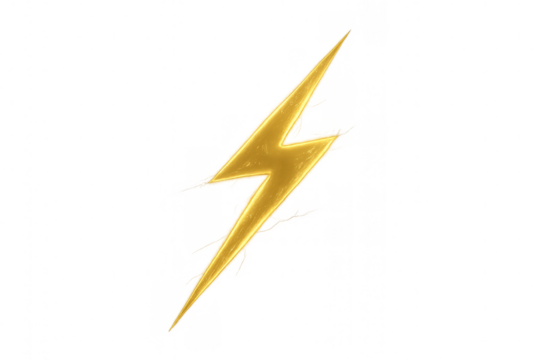 Golden lightning bolt symbol representing power, electricity, energy, strength, and speed on transparent background