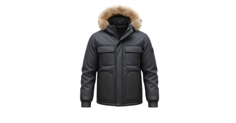 Men's or Unisex Padded Winter Parka Jacket in Blue-Gray Color Hanging on a Hanger, Isolated on White Background.