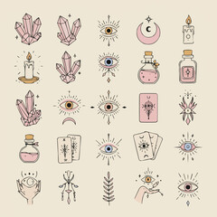 Mystical crystals, potion bottles, moons, and eyes in modern boho vector style. Perfect for spiritual or astrology designs.
