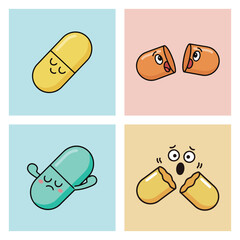 Set of cute cartoon capsule pills with different emotions and states vector illustration