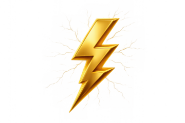 Golden lightning bolt symbol, representing power, speed, energy, and electricity, on a transparent background