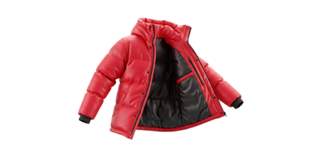 Bright Red Puffer Jacket or Down Coat with Open Zipper and Black Lining, Isolated on a White Background, Top View.