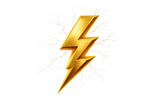 Golden lightning bolt symbol, representing power, speed, energy, and electricity, on a transparent background