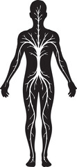  silhouette of a human body with tree branches extending from the shoulders and torso, symbolizing connection to nature and the interconnectedness of life, outline icon on