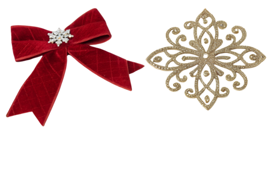 PNG image of Christmas ornaments red velvet bow and gold snowflake holiday decorations festive seasonal decor xmas item