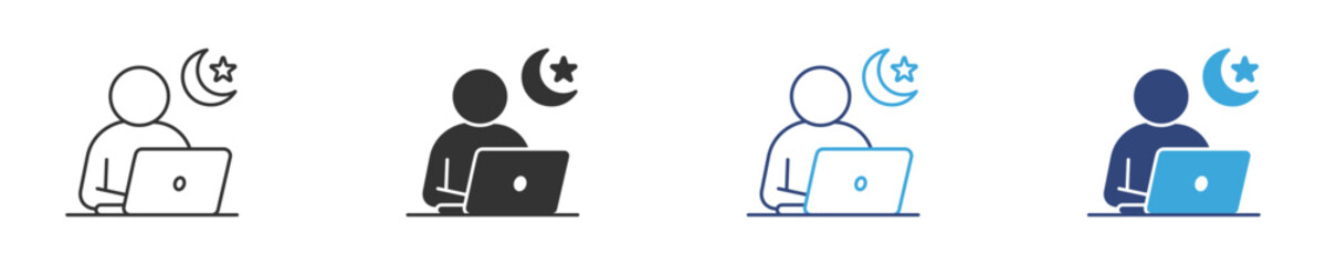 Night shift work icon set, Overtime Icon , Late night worker at computer icon, vector illustration . 