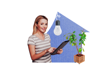 Composite photo collage of happy businesswoman hold ipad device work home distance occupation property isolated on painted background