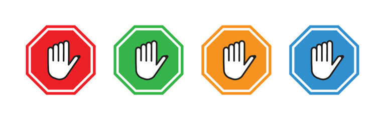 Hand Stop Warning and Caution Icon Set in Colorful Octagon Shapes