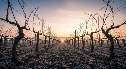 Vineyard row at dawn bare vines receding into the misty horizon ground covered with frost