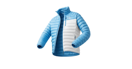 Lightweight Bicolor Puffer Jacket in Blue and White with Open Zipper, Isolated on a White Background, Product Shot.