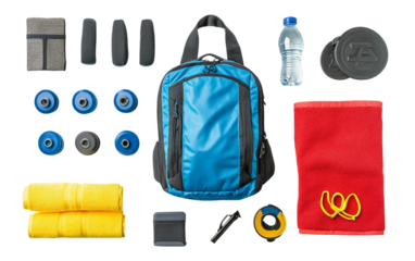 Gym backpack with workout gear neatly laid out including towel gloves and water bottle ready for fitness training isolated on transparent background PNG