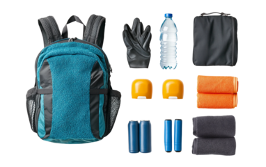 Sports equipment arranged beside a gym bag symbolizing preparation motivation and an active lifestyle isolated on transparent background PNG