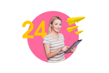 Composite photo collage of happy blonde girl hold ipad device 24 7 client support service operator timetable isolated on painted background