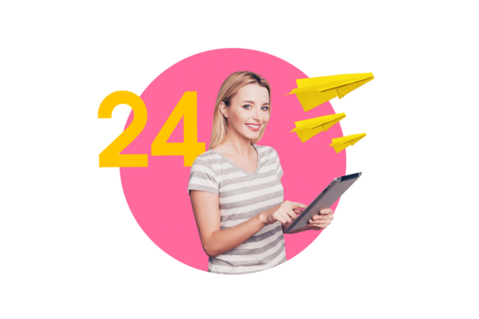 Composite photo collage of happy blonde girl hold ipad device 24 7 client support service operator timetable isolated on painted background