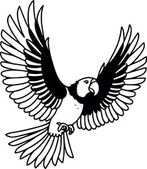 Detailed Flying Bird or Parrot Line Art. Black and White Outline Vector Illustration.