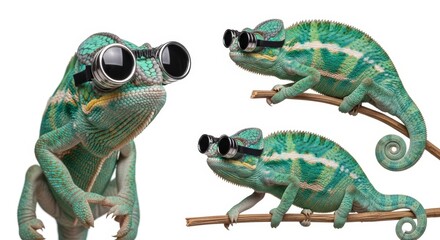 chameleon wearing goggles on it's head on a solid white background