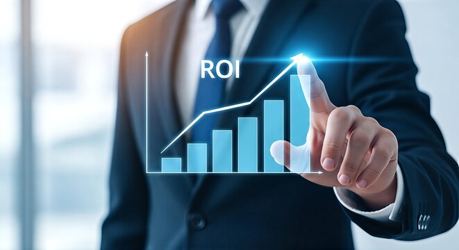 Businessman pointing at roi graph showing positive return on investment