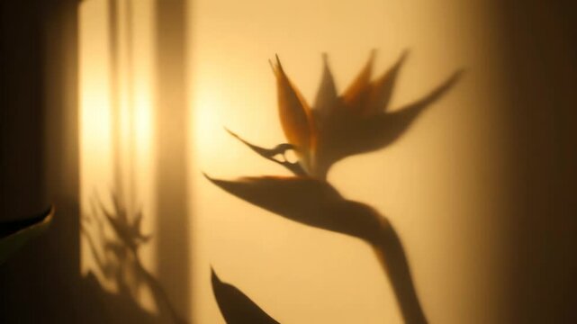 Bird of Paradise Flower Shadow on Wall at Golden Hour