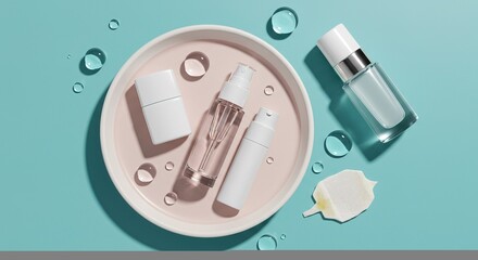 Cosmetic bottles on a plate with water drops and a petal , trending, fashion, lifestyle