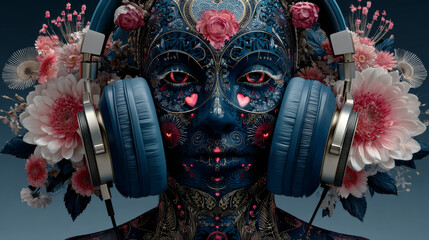 Illustration of a headphone with beautiful floral elements and hearts. EPS 10. No transparency. No gradients.