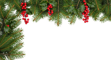 Festive holiday foliage featuring holly and pine branches adorned with bright red berries isolated on transparent bg, cutout png