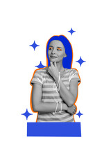 Creative trend collage of amazed young female look interested empty space blue weird bizarre unusual fantasy billboard