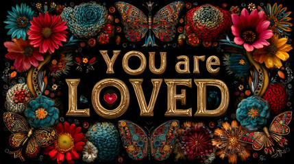 You are loved. Hand lettering in wreath with decoration elements. This illustration can be used as a greeting card for Valentine's day or wedding or as a print or poster.