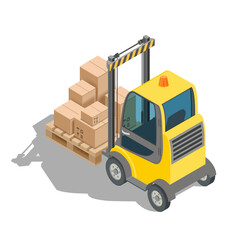 Isometric warehouse forklift with cardboard boxes on a pallet. Isolated on a white background. Vector illustration.
