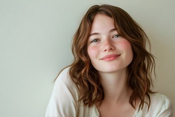 Fototapeta premium Young woman looking at camera, her face showing natural freckles and a gentle, authentic smile, capturing organic beauty