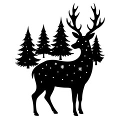 Black silhouette of a majestic deer with antlers standing in a snowy forest with pine trees