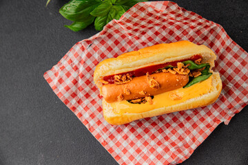Hotdog fried onions, sausage, bun, sauce fast food tasty snack fresh delicious gourmet food background on the table rustic top view copy space