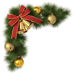 Christmas corner decoration with bells, red bow and golden balls isolated on transparent background