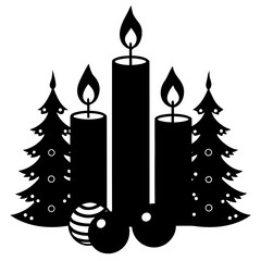Christmas candles and trees silhouette with ornaments