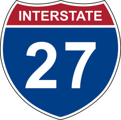 Interstate 27. Interstate highway sign. Road number. Signpost indicating route numbers in the U.S. Interstate Highway System. Even numbers run west to east. Odd numbers run north to south.
