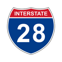 Interstate 28. Interstate highway sign. Road number. Signpost indicating route numbers in the U.S. Interstate Highway System. Even numbers run west to east. Odd numbers run north to south.
