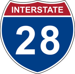Interstate 28. Interstate highway sign. Road number. Signpost indicating route numbers in the U.S. Interstate Highway System. Even numbers run west to east. Odd numbers run north to south.