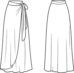 Women's long skirt technical sketch, wrap-around design with tied waist, straight-cut silhouette with seam detail, front and back views, cad drawing flat vector illustration