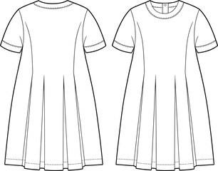 Women's pleated dress technical sketch, short sleeve, round neckline, flared silhouette, buttoned back closure, stitched hem, cad drawing flat vector illustration