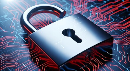 Unlocked padlock on a circuit board symbolizes cybersecurity and data protection