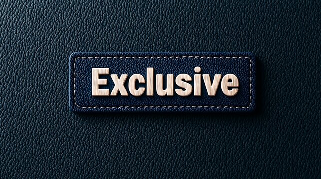 A leather patch with the word "Exclusive" embossed in a stylish font, set against a textured dark background.