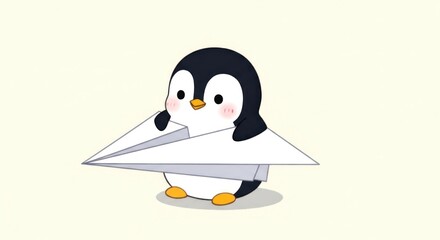 Cartoon Penguin Holding a Paper Airplane Adorable Clip Art Image for Children