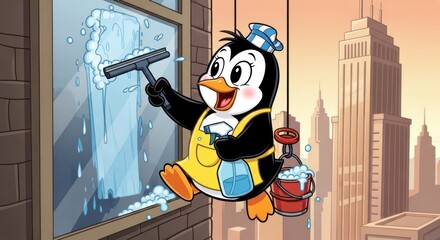 Cartoon penguin window cleaner with cityscape, charming illustration for kids