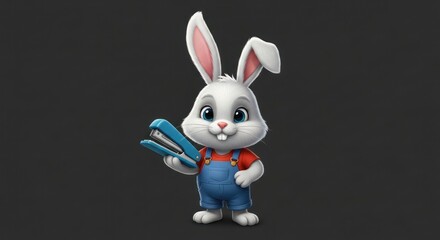Cartoon rabbit in overalls holding a blue stapler against a dark background
