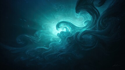 Obraz premium Abstract swirling teal shapes in a dark background