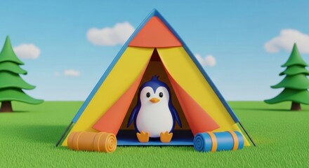 Charming camping adventure featuring an adorable penguin, nestled inside a colorful tent amidst a