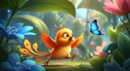 Charming Cartoon Bird Chasing a Blue Butterfly Amidst a Lush Floral Wonderland Scene