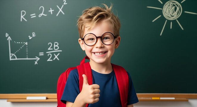 Happy Back to School Portrait of Cheerful Student Wearing Glasses and Red Backpack Smiling in Front of Chalkboard with Math Equations Bright Classroom Lighting Positive Energy Academic Concept