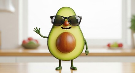 Cheerful avocado character with sunglasses in kitchen, promoting healthy eating habits and