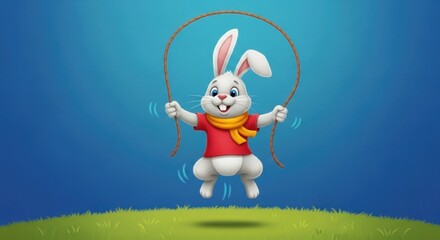 Cheerful bunny illustration jumping rope, cartoon character doing exercise on grass, healthy